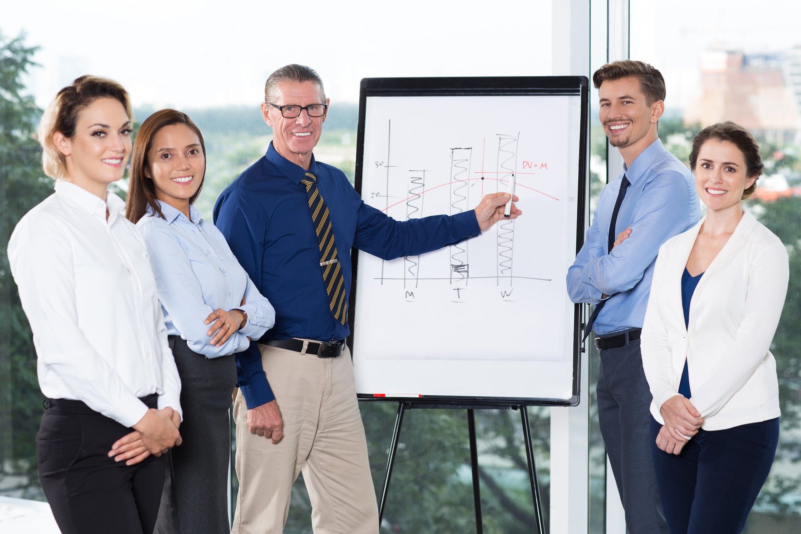 Happy successful business team with their senior leader standing in conference room, making presentation of financial bar chart